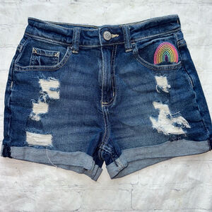NWOT Girls Size 14 Justice Distressed Destroyed Blue Denim Jean Shorts Rainbow